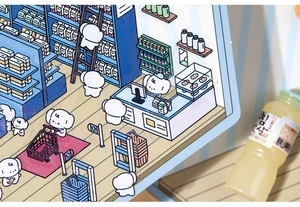 Detail of DIY PET decorative stickers showing a cute supermarket scene with blue shelves