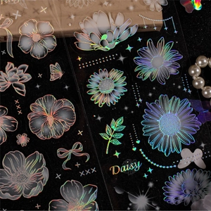 Floral PET laser stickers with daisy and butterfly patterns for scrapbooking scrapbooks