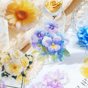 Set de pegatinas decorativas de PET con flores vintage de rosas y pensamientos