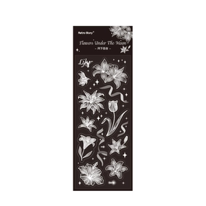 Retro Story Moon Flower PET stickers featuring silver lilies and tulips on black background