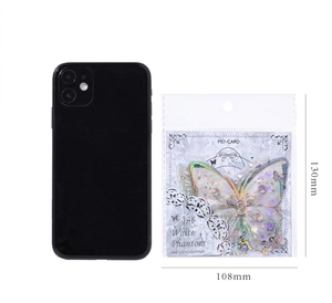 Detail view of iridescent laser butterfly stickers and packaging dimensions