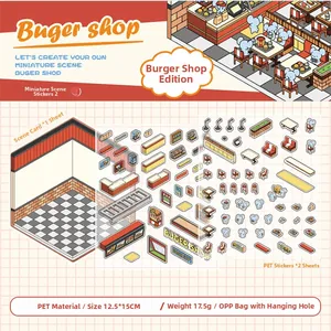 Close-up of burger shop theme PET stickers and scene card for DIY scrapbooking