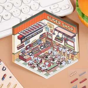 Cute Japanese style PET stickers with a burger shop scene and little mouse characters