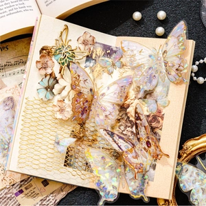 Vintage PET butterfly stickers with laser gold foil for scrapbooking decoration