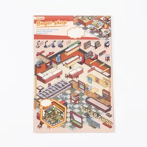DIY burger shop themed scrapbooking stickers with isometric fast food scenery elements