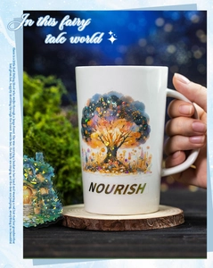 Detail of white ceramic mug with fairy forest glitter tree print and NOURISH text