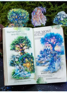 Macro detail of fairy tale forest stickers with holographic laser effects on planner