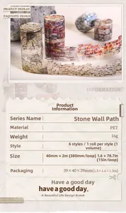 Macro detail of PET decorative tape featuring realistic stone wall texture for scrapbooking