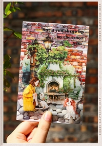 Artistic PET tape postcard featuring watercolor woman and dogs by a brick wall