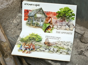 Detailed watercolor forest cabin and characters on decorative stone wall collage tape