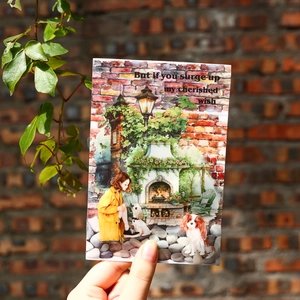 Watercolor stone wall path decorative tape sticker featuring a girl with dogs in a courtyard