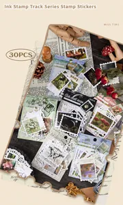 Detailed view of vintage stamp stickers with mushroom, floral and butterfly motifs