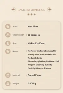 Detailed specifications for stamp-themed stickers made of premium coated paper