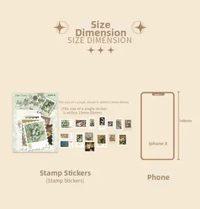 Size comparison of 30pcs vintage floral stamp stickers next to a mobile phone reference