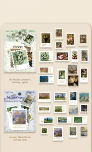 Detailed view of vintage postage stamp stickers featuring floral and landscape oil paintings