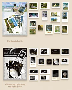 Detail of 30 vintage stamp stickers featuring artistic oil painting and moon themes for DIY