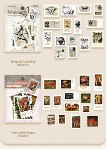 Detail of vintage stamp-style stickers featuring butterflies and mushroom motifs