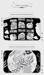 Detail van retro zwart-wit DIY dagboek stickers met botanische en tekstpatronen
