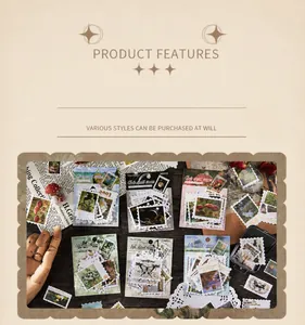 Macro display of vintage stamp stickers with mushroom butterfly and floral designs