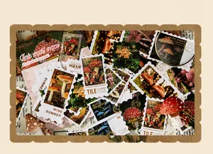 Close-up of vintage mushroom stamp stickers with retro mail traces for DIY scrapbooking