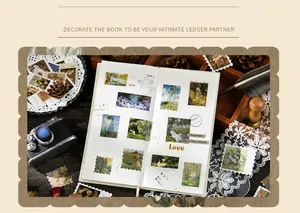 Impressionist vintage stamp stickers applied on a grid notebook with retro aesthetic props