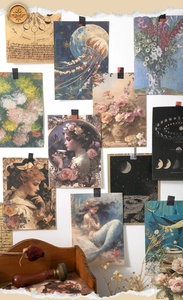 Macro view of vintage junk journal paper featuring floral designs and aesthetic collage art