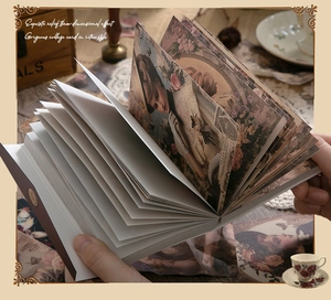 Close-up of vintage scrapbook paper with Victorian illustrations and floral patterns