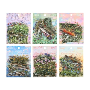 Nature-themed PET stickers pack with 6 floral designs featuring watercolor plants and herbs