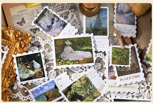 Close-up of vintage impressionist oil painting stamps with classic serrated edges