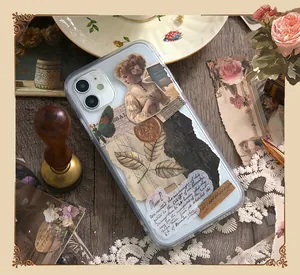 Close-up of vintage collage iPhone case with Victorian portrait and butterfly motifs