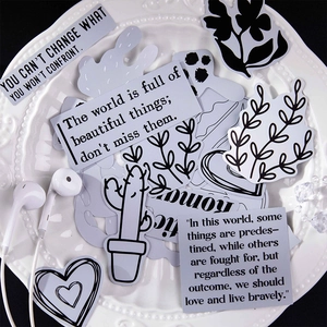 Minimalistische DIY-stickers met inspirerende citaten en botanische ontwerpen in zilverkleur