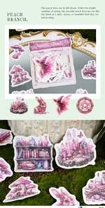 Detail of fairy-themed decorative stickers featuring mushroom houses and magic bottles
