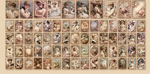 Detailed grid showing vintage Victorian style decorative papers with floral and retro designs