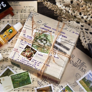 Vintage stamp theme DIY stickers in retro packaging with jute twine and postcards