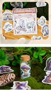 Macro detail of vintage hand-drawn fantasy stickers with mushroom and castle designs