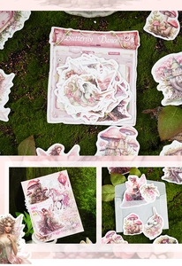 Fairy and unicorn stickers in a forest scene with mushrooms and purple flowers