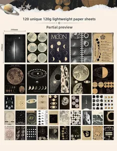 Macro display of 120 vintage astronomical scrapbooking papers with moon phases and star charts