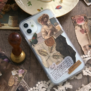 Vintage collage iPhone case with retro portraits and dried leaf designs on dark wood