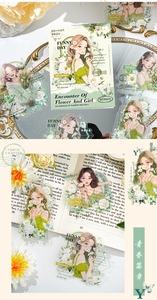 Primer plano de pegatinas PET de chicas florales con papel vintage y espejo dorado