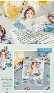 Vista detallada de pegatinas PET de niña y flores para scrapbooking en estilo vintage azul
