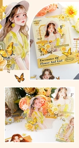 Detalle de pegatinas PET Flower Girl con patrones florales y niña con sombrero