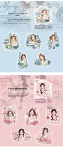 Detalle de pegatinas PET con ilustraciones de chicas y flores en azul y rosa de ensueño
