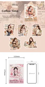 Detalle de pegatinas de PET serie chica y flores con comparativa de tamaño real