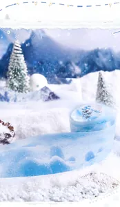Macro shot of Snowfield blue PET tape with sparkling snow mountains and ice crystals