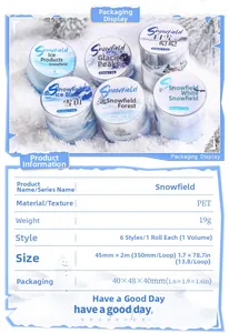 Macro shot of Snow Field PET tape showing winter scenery patterns and product specs
