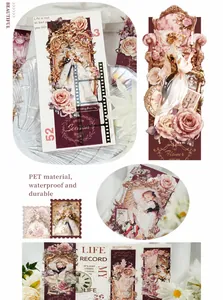 Detalle de pegatinas PET vintage con niñas y flores para decoración de scrapbooking DIY