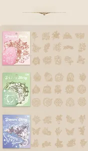 Detailed views of Dream Story paper collection featuring intricate hollow lace stationery designs