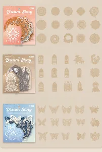 Macro detail of 10-piece floral lace hollow stickers for scrapbooking and journal collage