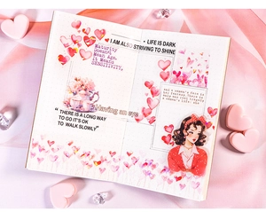 Détails des autocollants de cœur rose avec illustrations de fille vintage sur fond satiné