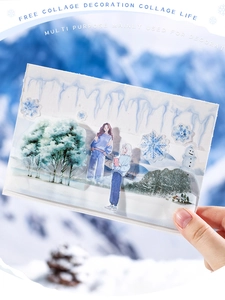 Detailed view of PET collage tape featuring winter scenery and snowy landscape elements